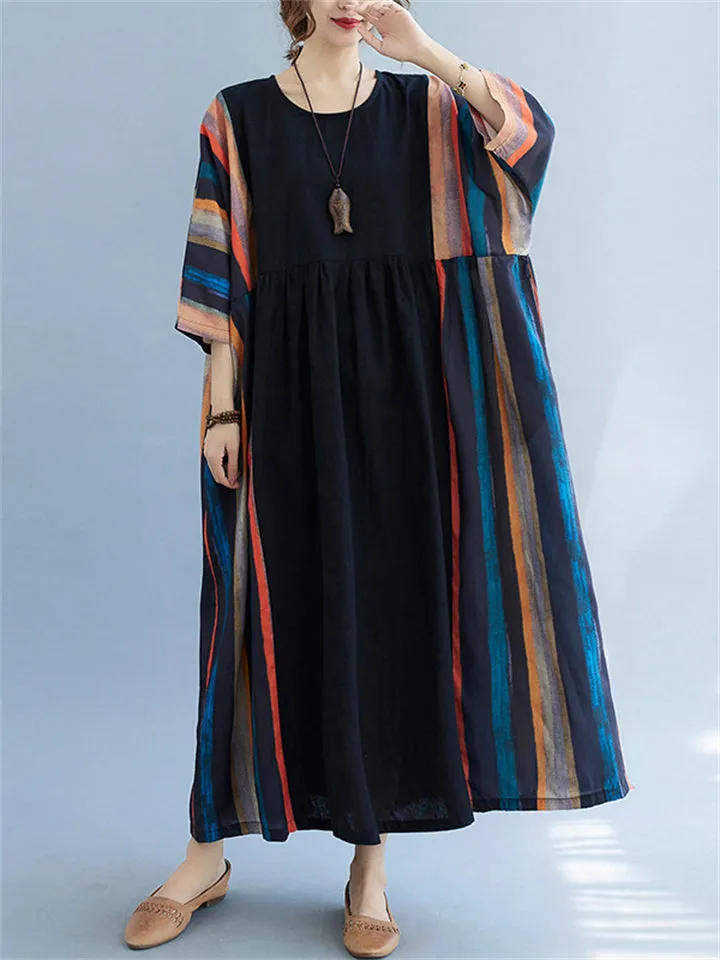Ethnic Style Multicolor Stripes Round Neck Loose Dress for Women