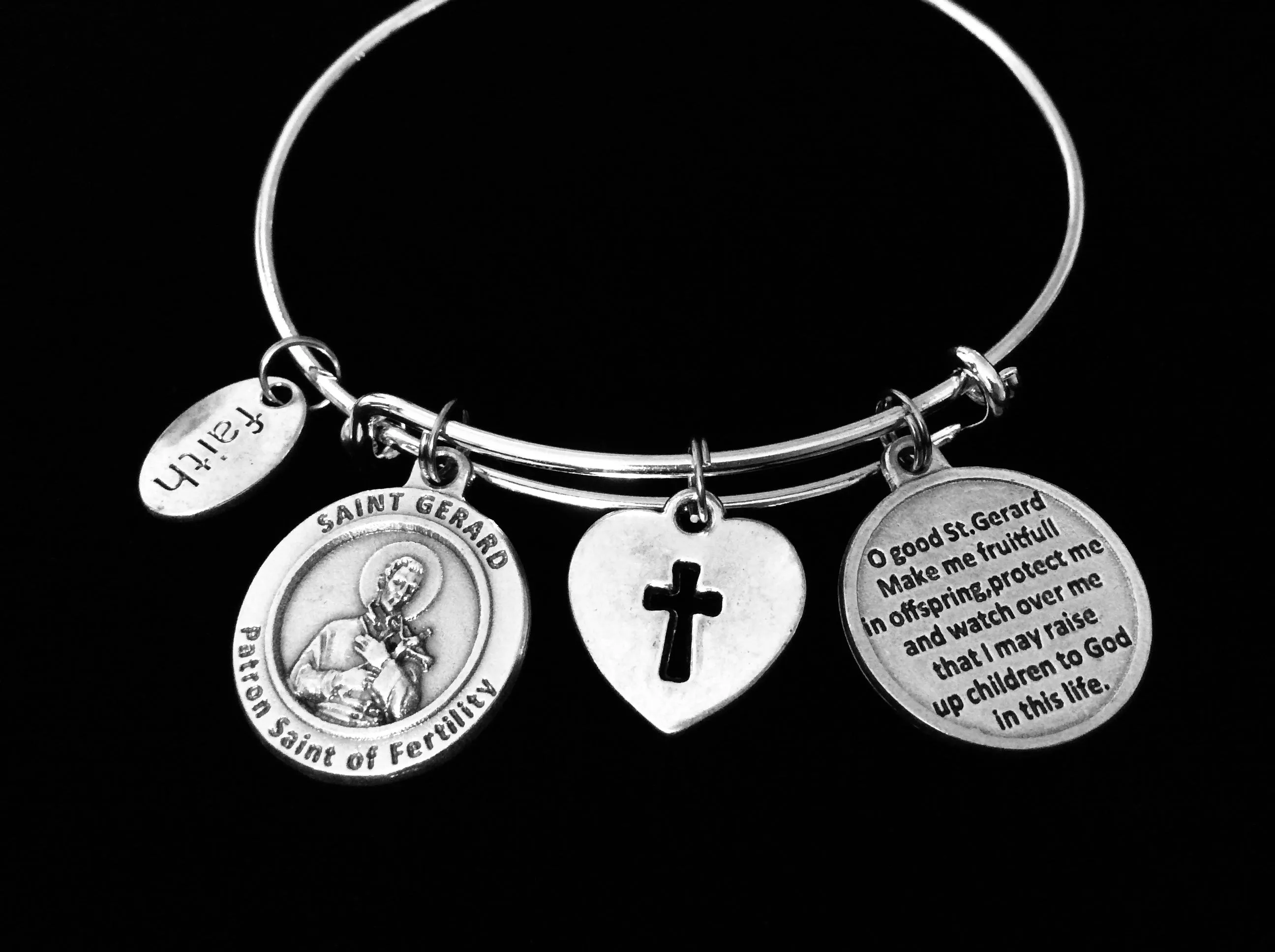 Fertility Jewelry Saint Gerard Expandable Charm Bracelet Adjustable Silver Bangle Patron Saint of Children Expectant Mothers Childbirth Double Sided One Size Fits All Gift
