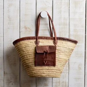 French Market Basket with Leather Trim and Pocket