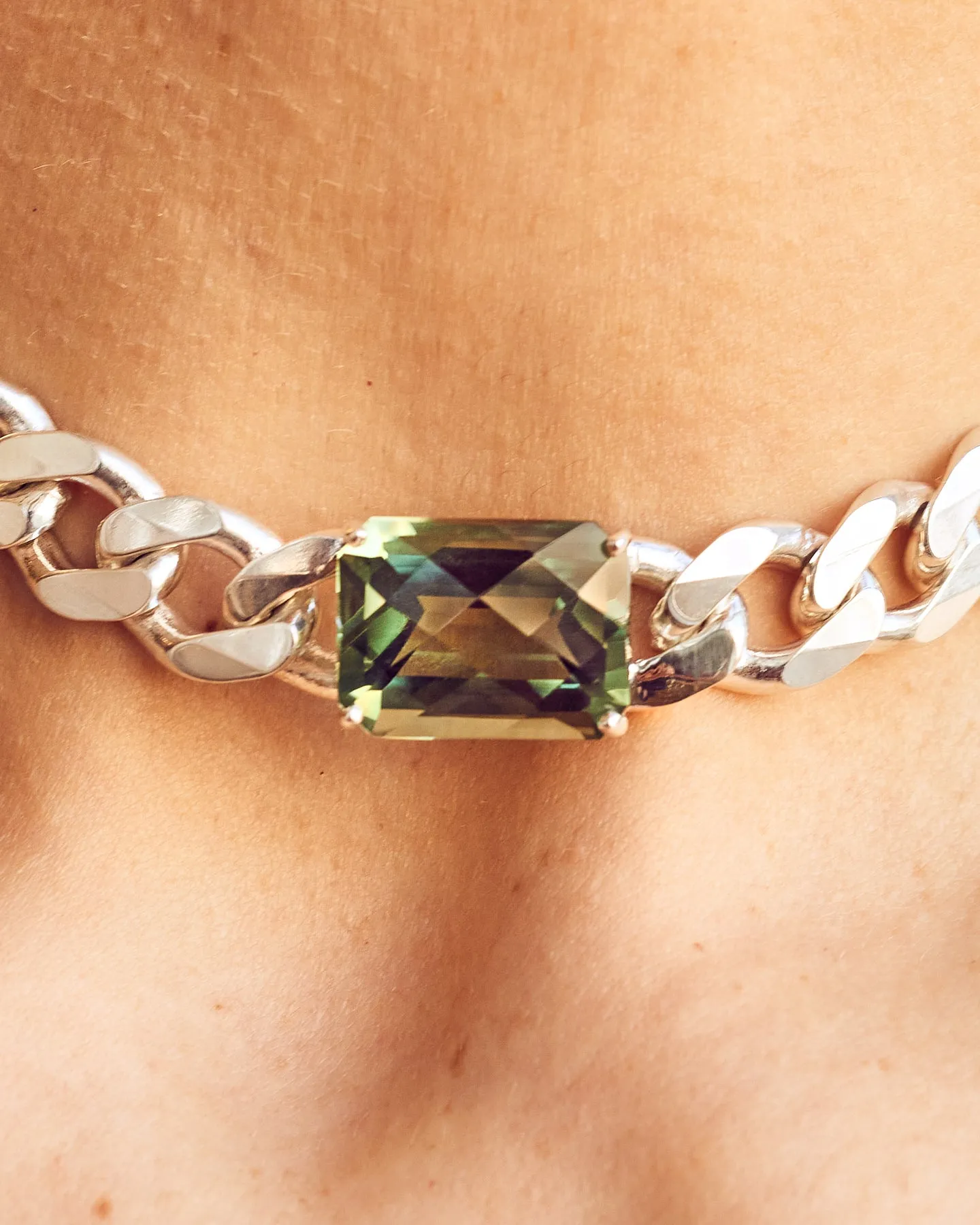 Green Amethyst Emerald-Cut Cuban Link Choker (11mm)