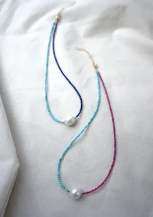 Half Lapis Half Turquoise & White Pearl Necklace