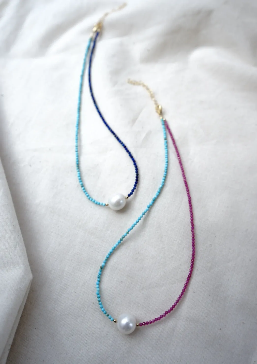 Half Lapis Half Turquoise & White Pearl Necklace