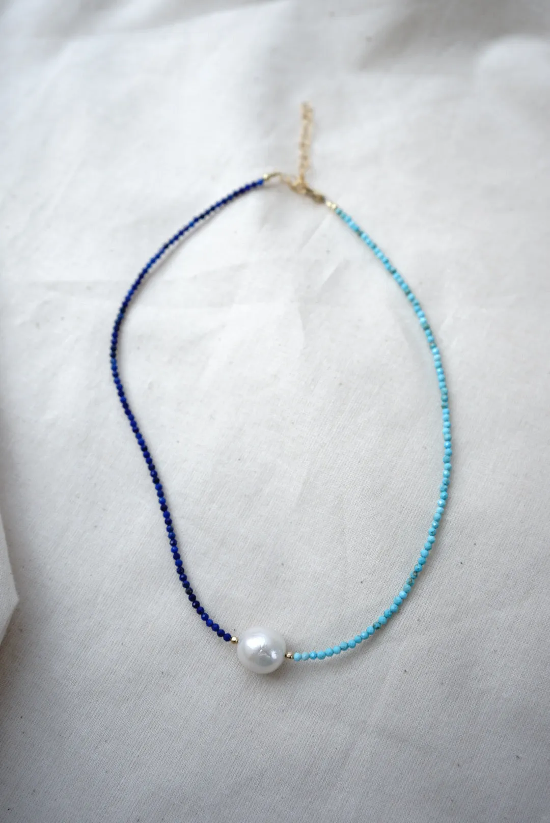 Half Lapis Half Turquoise & White Pearl Necklace