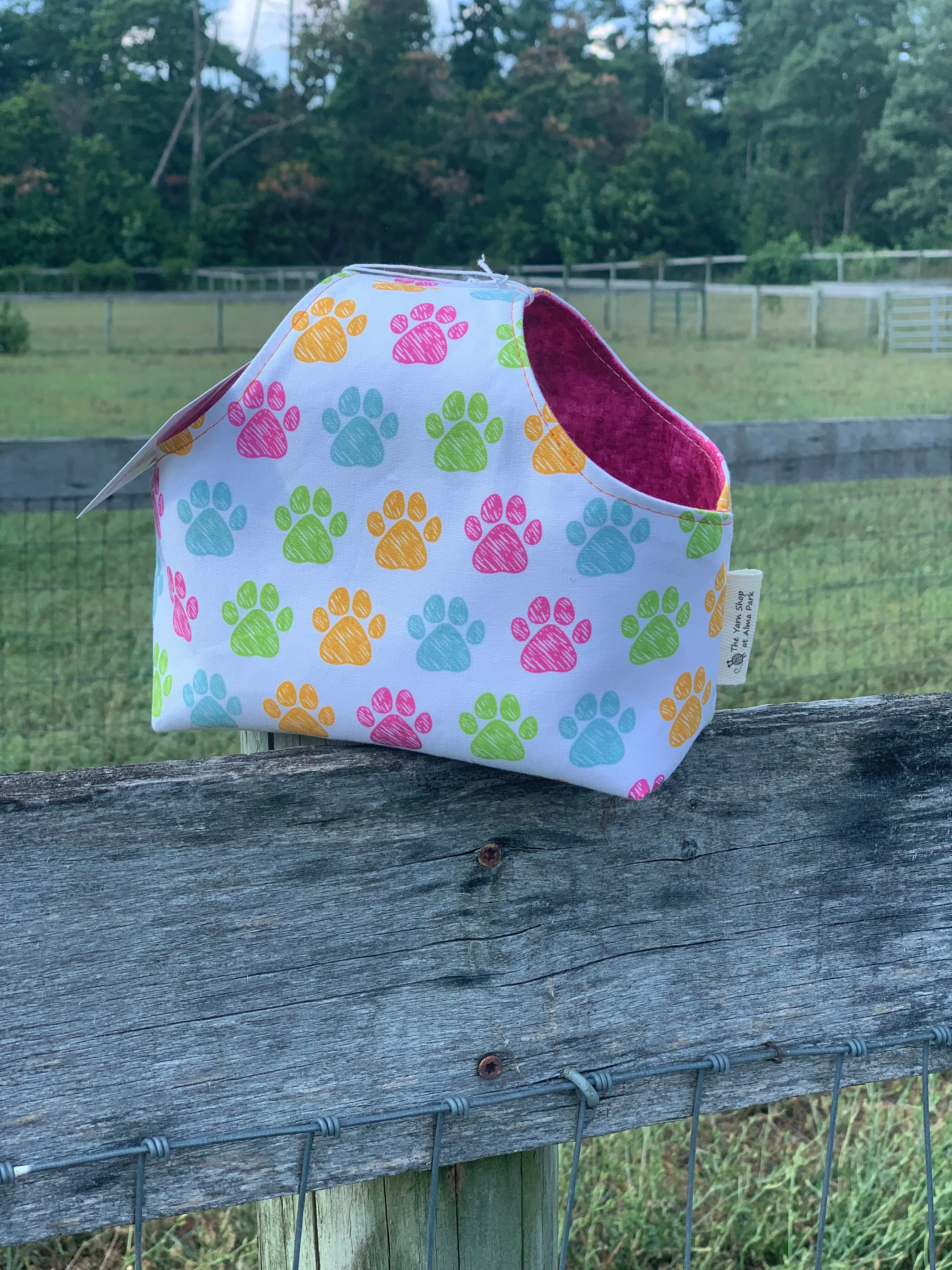 Handle Project Bag by Rose (Small)- Perfect for SOCK Knitters - RAINBOW PAW PRINTS / Dark Pink