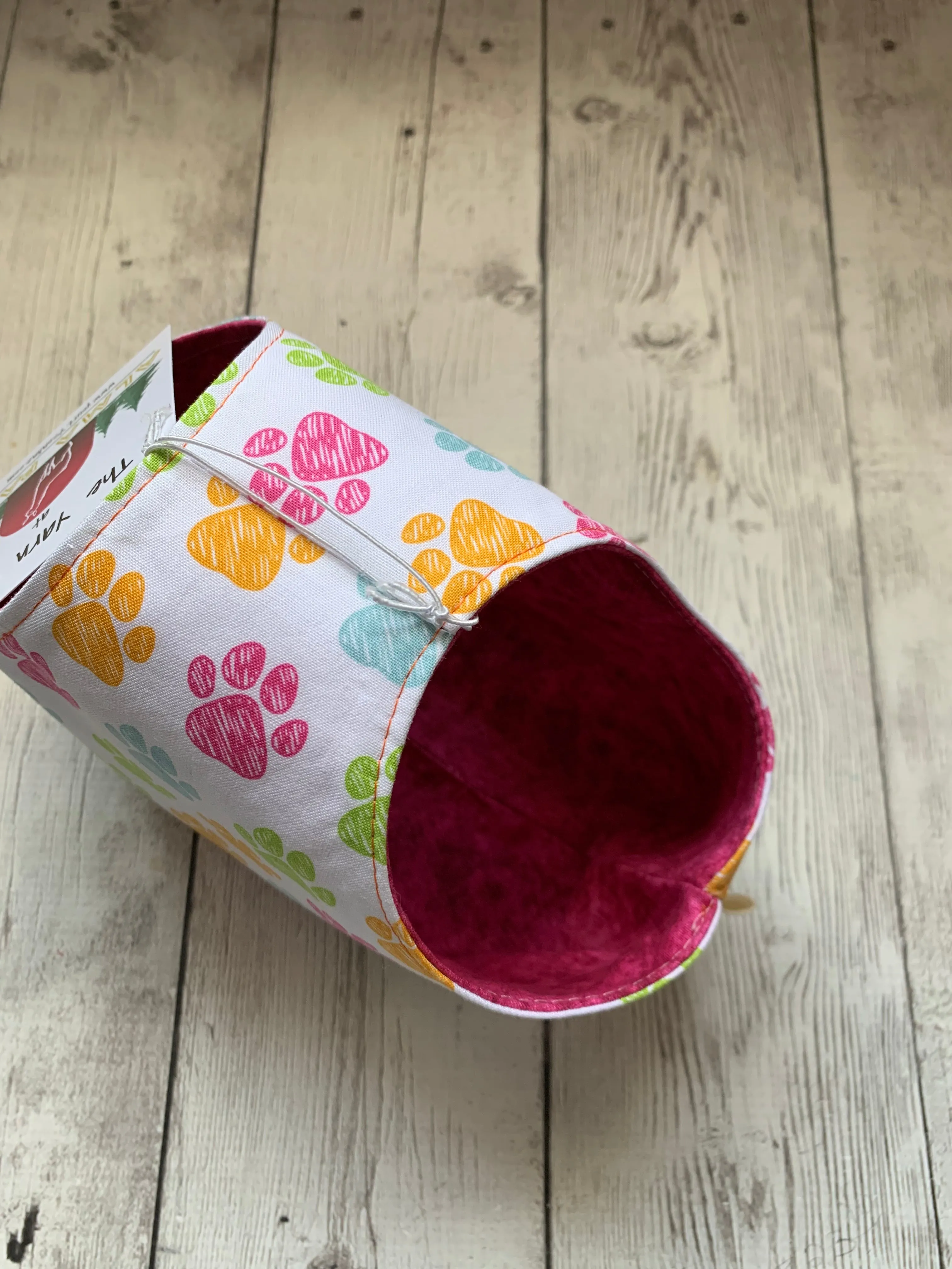 Handle Project Bag by Rose (Small)- Perfect for SOCK Knitters - RAINBOW PAW PRINTS / Dark Pink