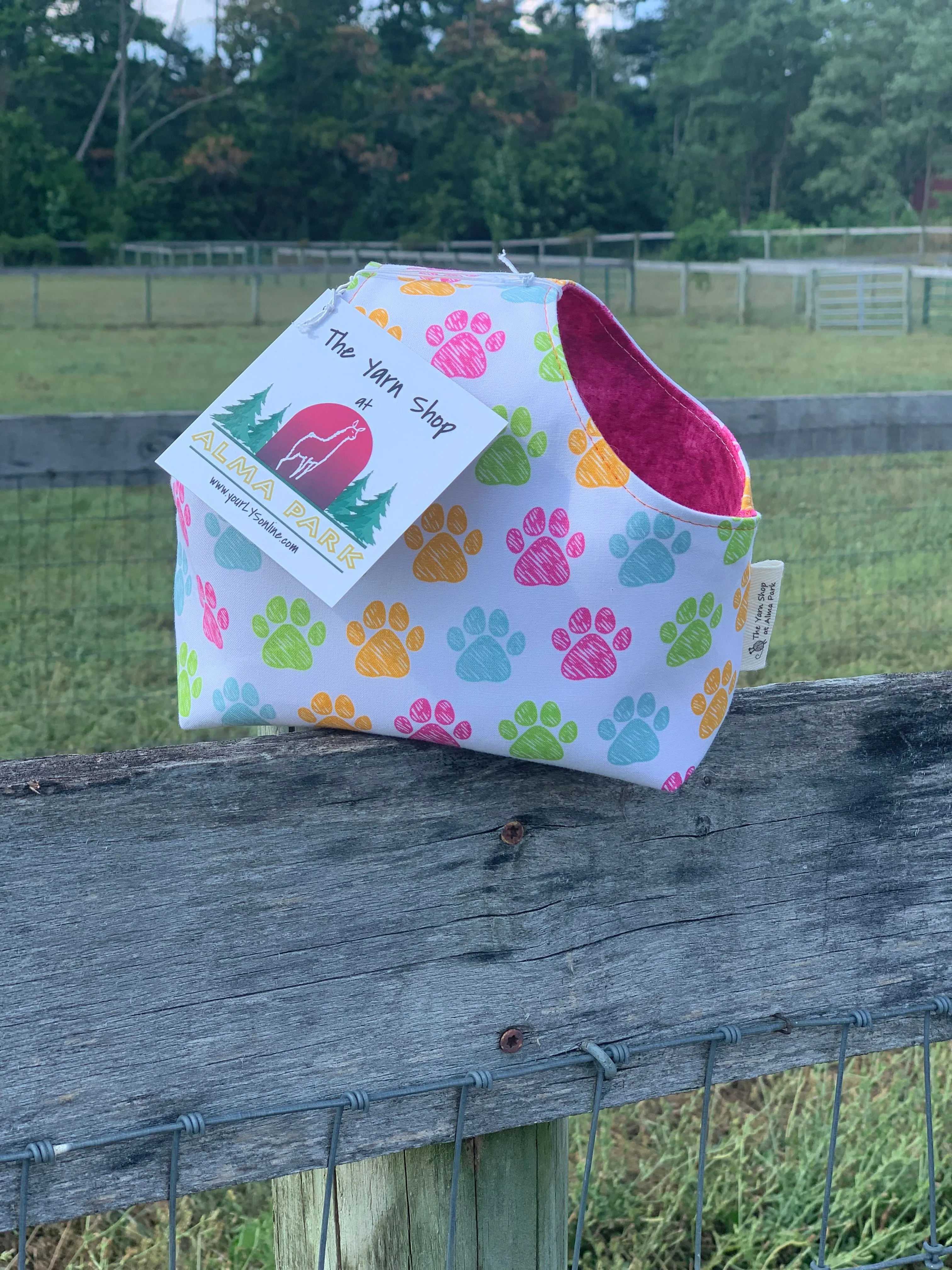 Handle Project Bag by Rose (Small)- Perfect for SOCK Knitters - RAINBOW PAW PRINTS / Dark Pink