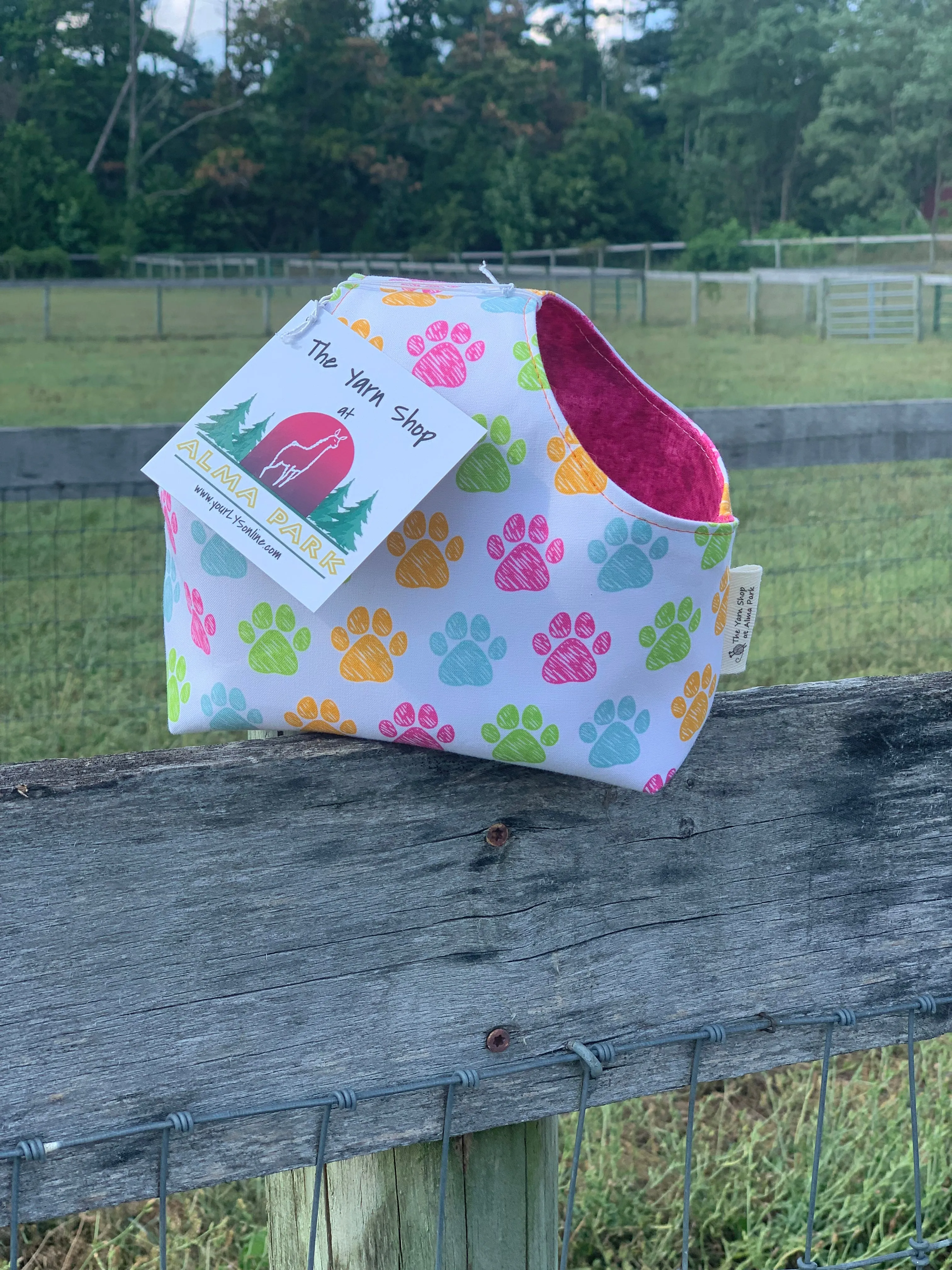 Handle Project Bag by Rose (Small)- Perfect for SOCK Knitters - RAINBOW PAW PRINTS / Dark Pink