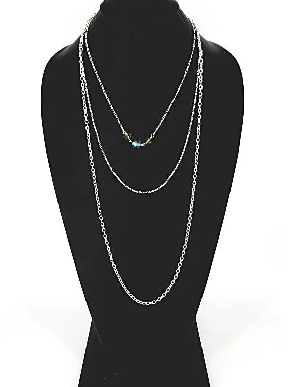 Handmade All Occasion Three-Layer Necklace with Oval Blue Bead and Olive-Colored Accents