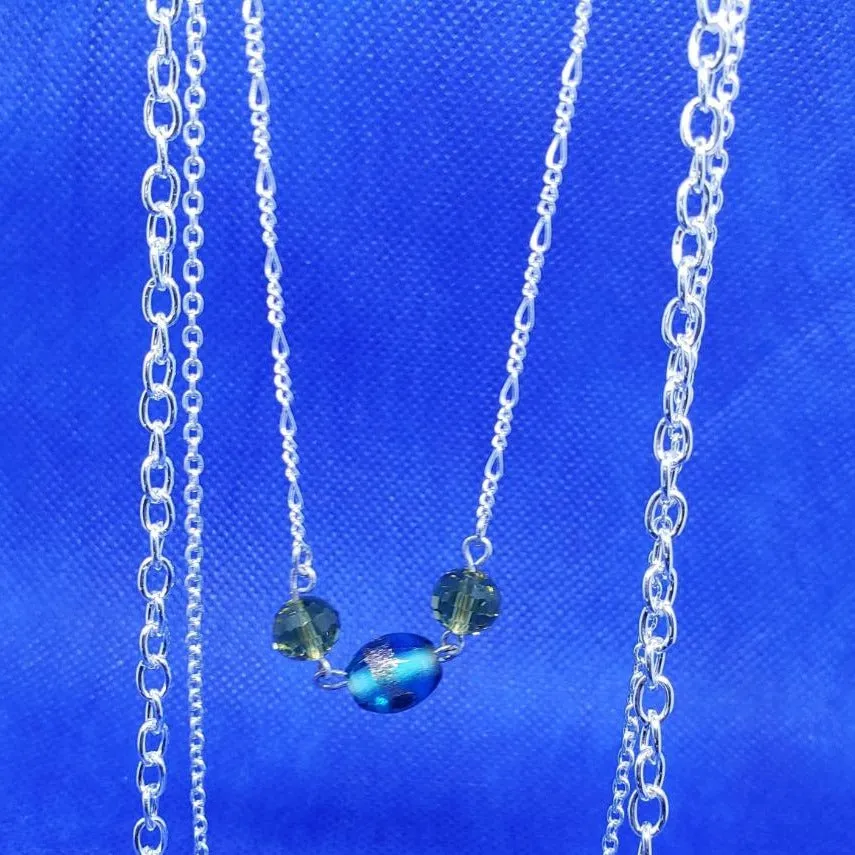 Handmade All Occasion Three-Layer Necklace with Oval Blue Bead and Olive-Colored Accents