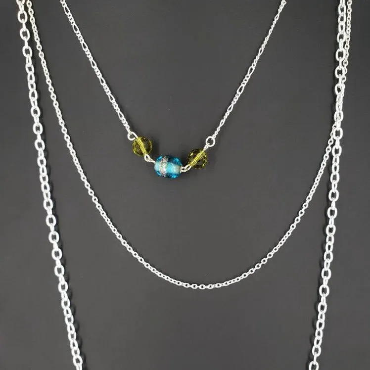 Handmade All Occasion Three-Layer Necklace with Oval Blue Bead and Olive-Colored Accents