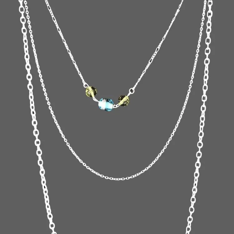 Handmade All Occasion Three-Layer Necklace with Oval Blue Bead and Olive-Colored Accents