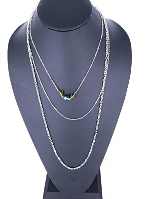 Handmade All Occasion Three-Layer Necklace with Oval Blue Bead and Olive-Colored Accents