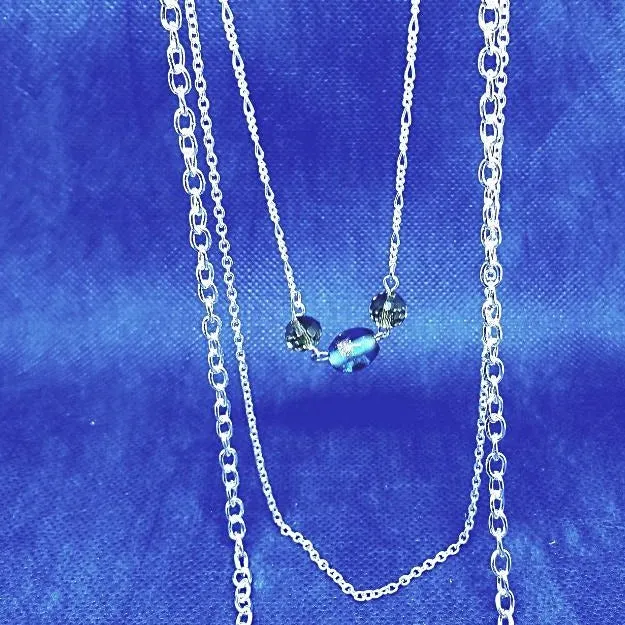 Handmade All Occasion Three-Layer Necklace with Oval Blue Bead and Olive-Colored Accents