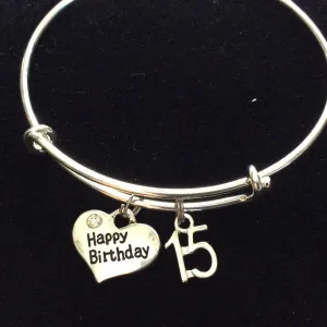 Happy 15th Birthday Expandable Charm Bracelet Adjustable Bangle Gift (Other Numbers Available)