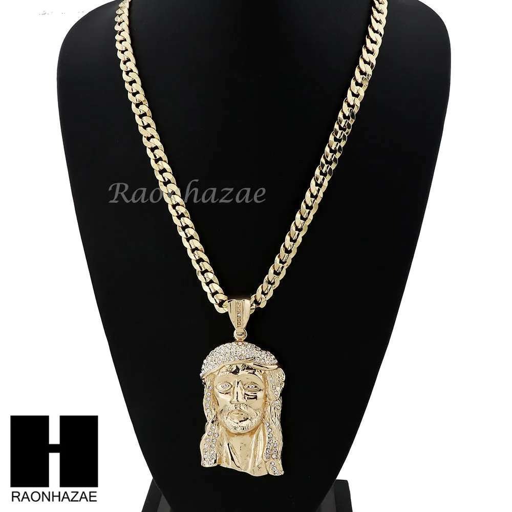 HIP HOP JESUS FACE PENDANT & DIAMOND CUT CUBAN LINK CHAIN NECKLACE N33