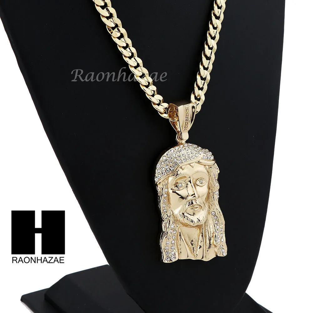 HIP HOP JESUS FACE PENDANT & DIAMOND CUT CUBAN LINK CHAIN NECKLACE N33