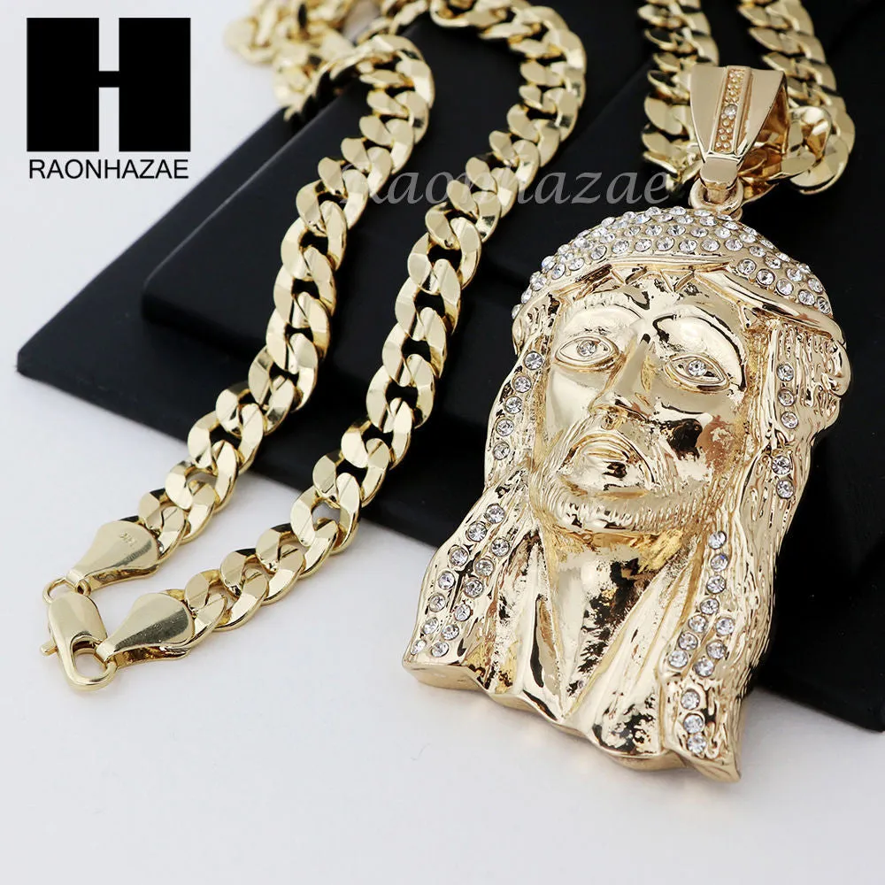 HIP HOP JESUS FACE PENDANT & DIAMOND CUT CUBAN LINK CHAIN NECKLACE N33
