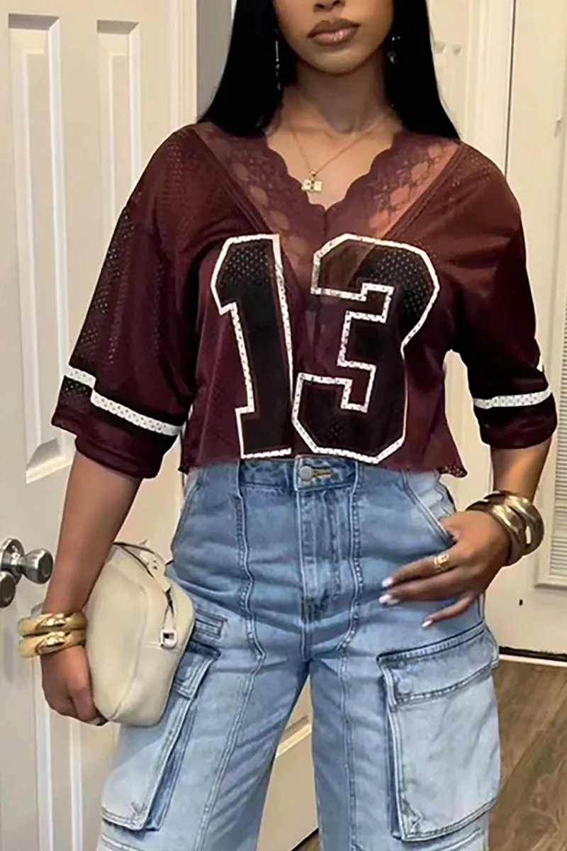 HTZ1127 Plus Lace Trim Mesh Jersey Top