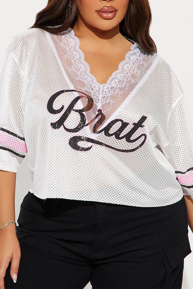 HTZ1127 Plus Lace Trim Mesh Jersey Top