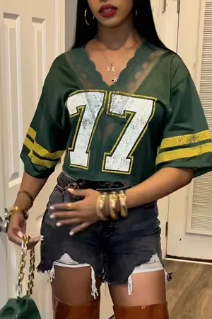 HTZ1127 Plus Lace Trim Mesh Jersey Top