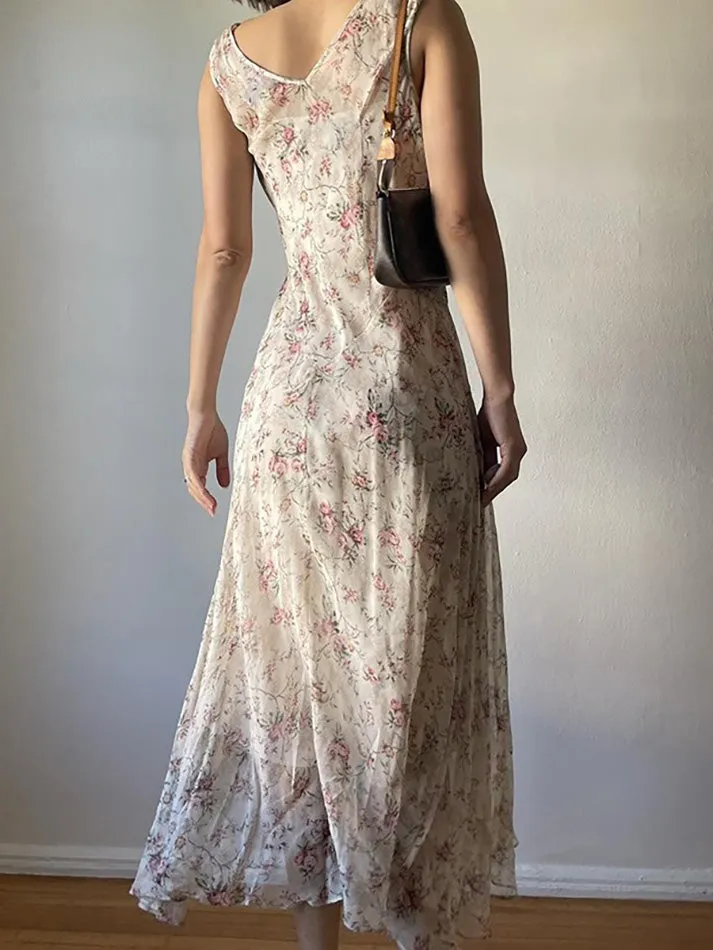 JazzHer Floral Print Asymmetrical Lace Trim Maxi Dress