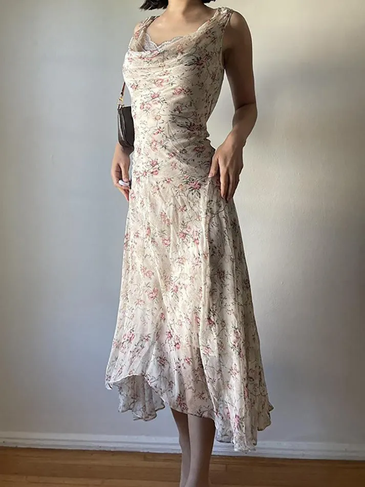 JazzHer Floral Print Asymmetrical Lace Trim Maxi Dress