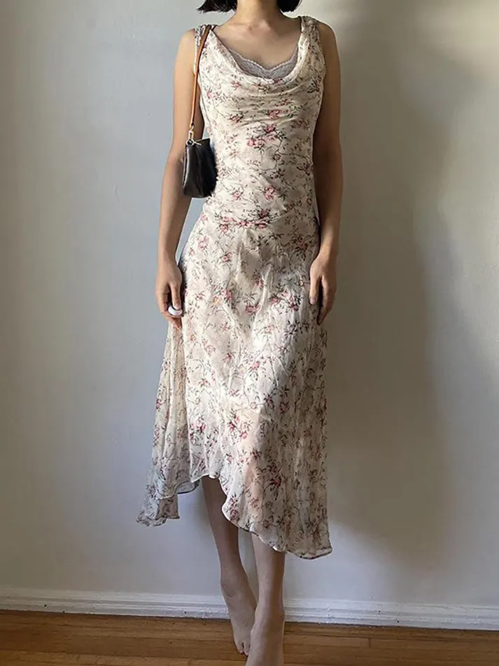 JazzHer Floral Print Asymmetrical Lace Trim Maxi Dress