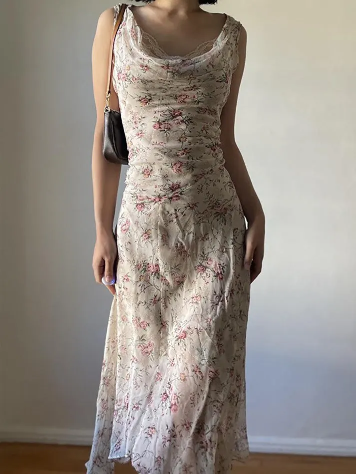 JazzHer Floral Print Asymmetrical Lace Trim Maxi Dress