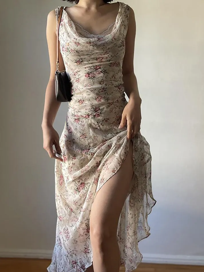 JazzHer Floral Print Asymmetrical Lace Trim Maxi Dress