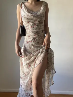 JazzHer Floral Print Asymmetrical Lace Trim Maxi Dress
