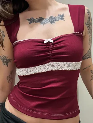 JazzHer Lace Trim Bow Contrast Tank Top