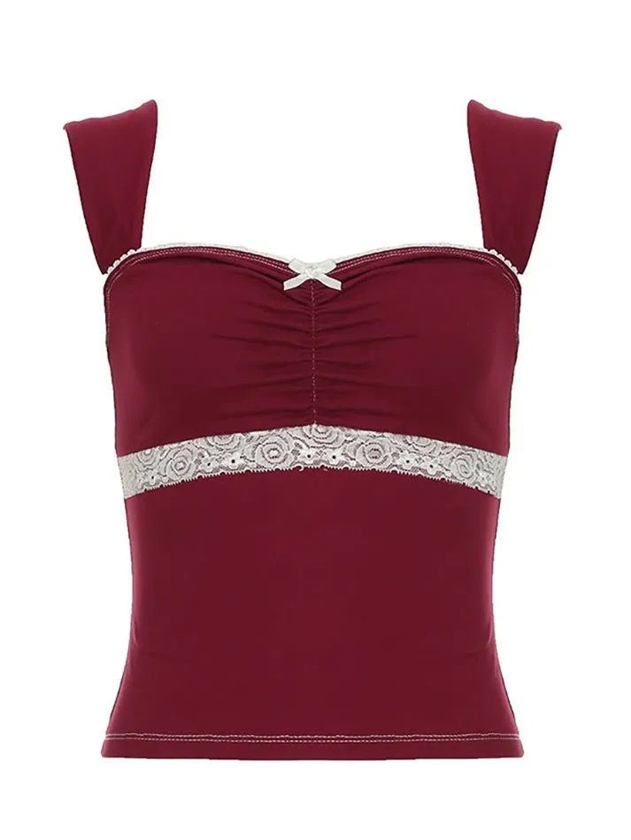 JazzHer Lace Trim Bow Contrast Tank Top