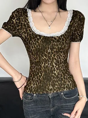 JazzHer Lace Trim Leopard Print Square Neck Puff Sleeve Top