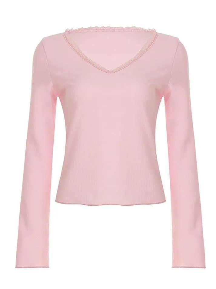 JazzHer Lace Trim V-Neck Waffle Knit Top