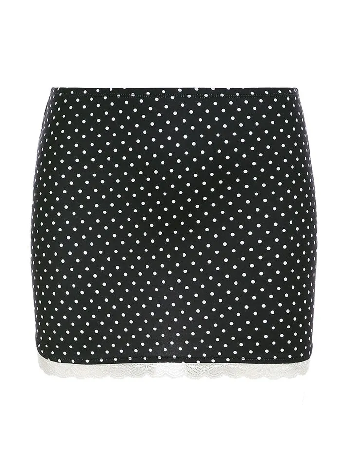 JazzHer Vintage Lace Trim Polka Dot Low Waist Skirt