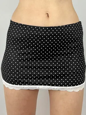 JazzHer Vintage Lace Trim Polka Dot Low Waist Skirt