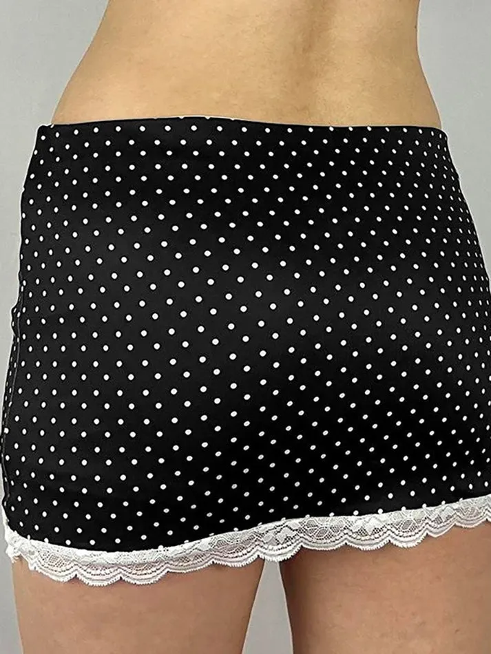 JazzHer Vintage Lace Trim Polka Dot Low Waist Skirt