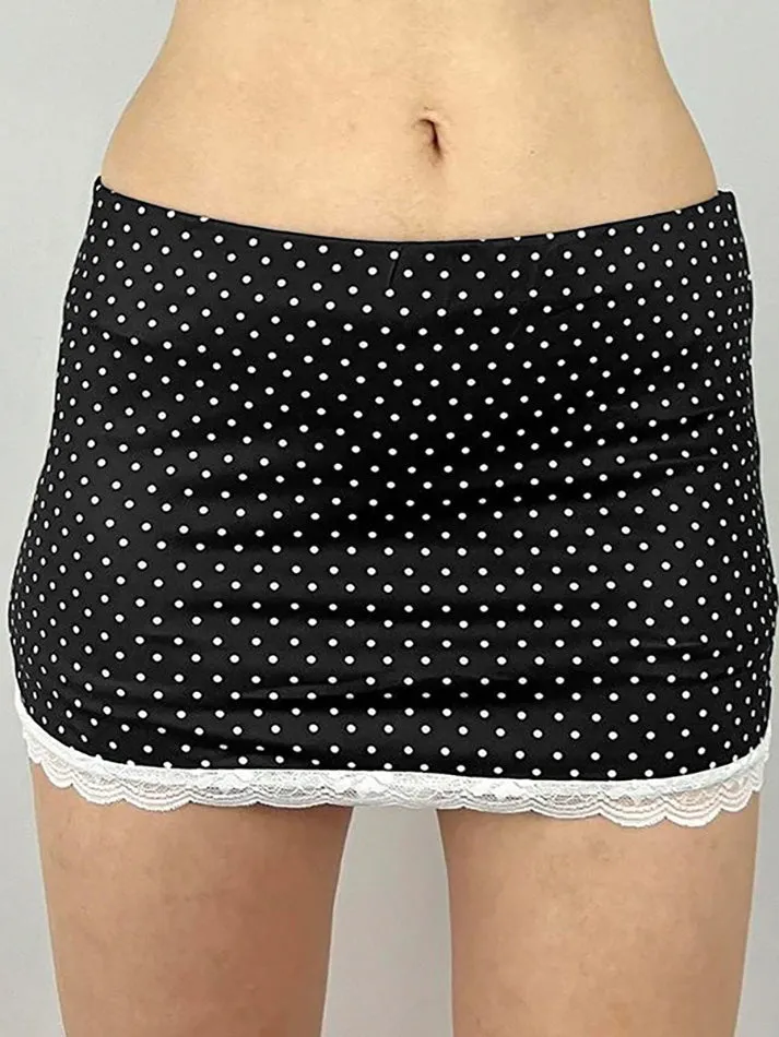 JazzHer Vintage Lace Trim Polka Dot Low Waist Skirt