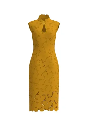 KEEN-LENGTH EMBROIDERY CHEONGSAM IN YELLOW