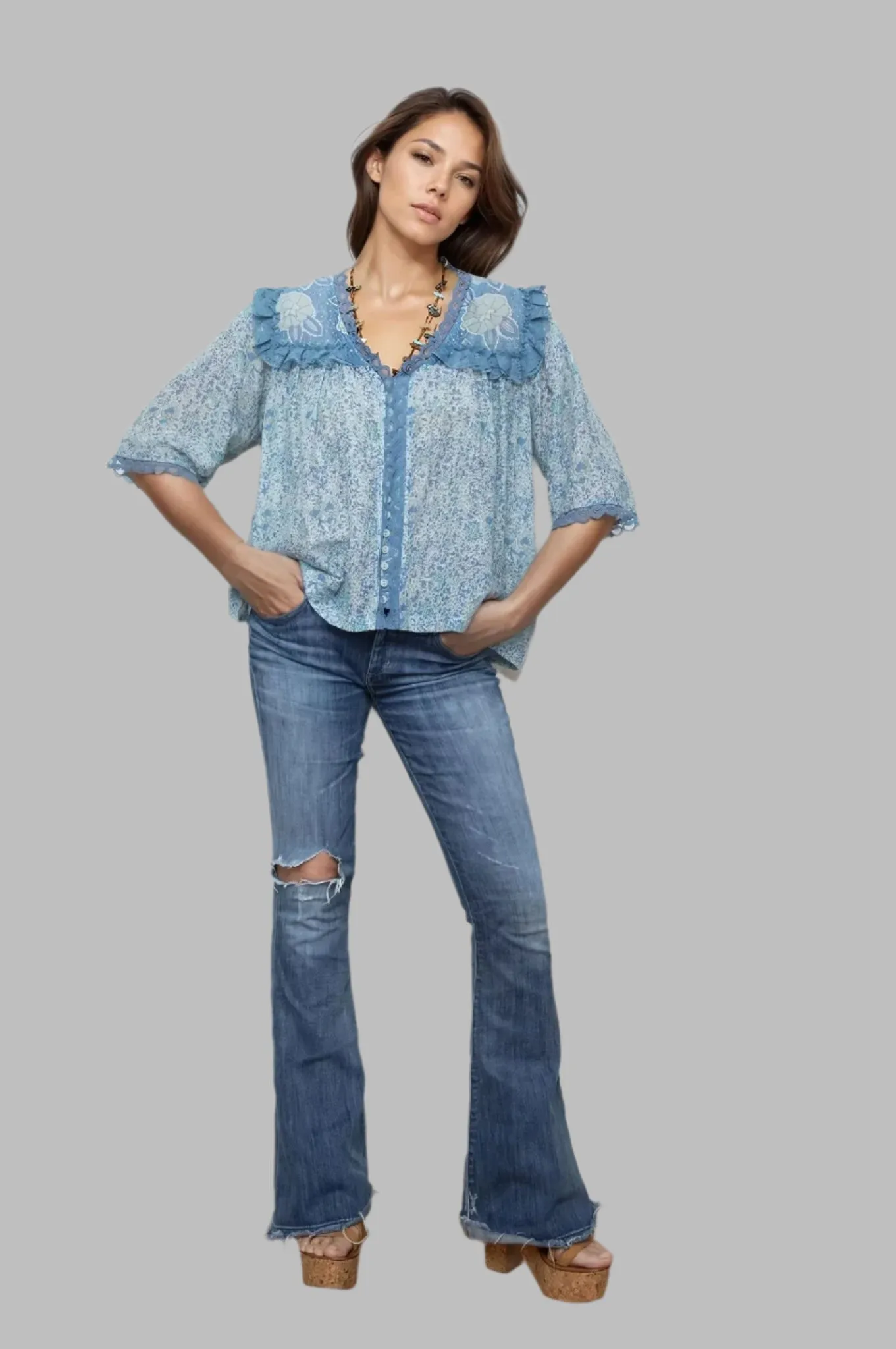 Kelly Printed Blouse Short Sleeves and Lace Liberty Blue