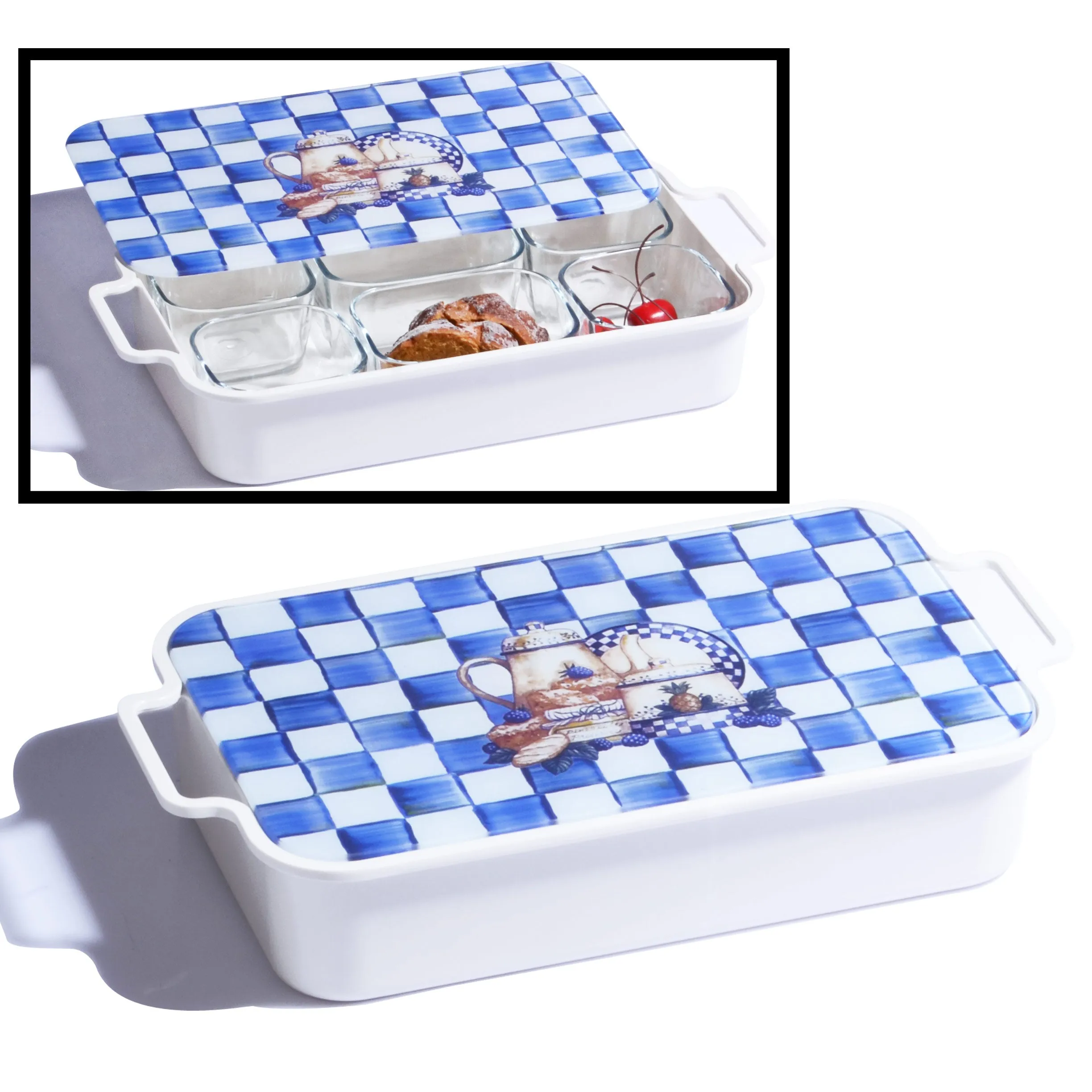 KHV-161(674) GLASS & MELAMINE TRAY WITH COVER  &6 GLASS COMPARTMENT ( TEAPOT)