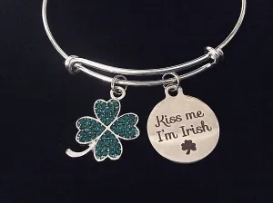 Kiss Me I'm Irish Jewelry Adjustable Bracelet Expandable Charm Bracelet Green Crystal Shamrock Four Leaf Clover Silver Bangle Gift