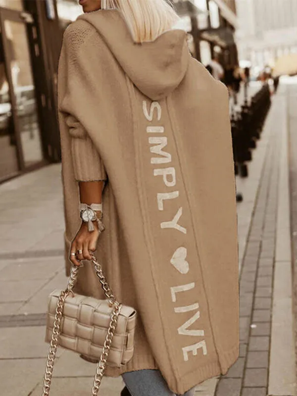 Letter Back Hooded Longline Knit Cardigan