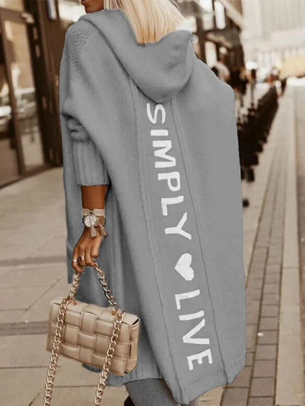 Letter Back Hooded Longline Knit Cardigan