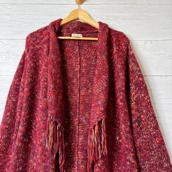 Lucky Brand Sweater Womens Size Small Red Marled Longline Open Cardigan Duster