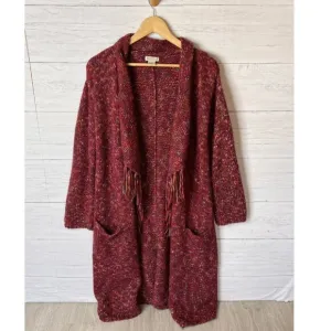 Lucky Brand Sweater Womens Size Small Red Marled Longline Open Cardigan Duster