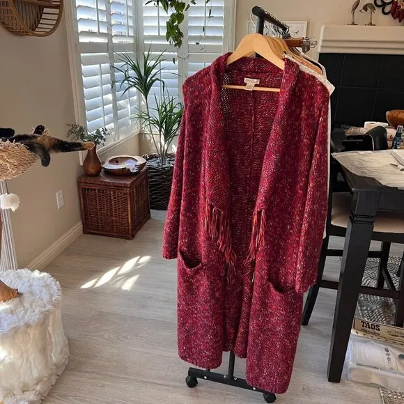 Lucky Brand Sweater Womens Size Small Red Marled Longline Open Cardigan Duster