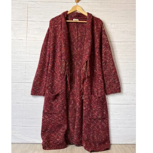 Lucky Brand Sweater Womens Size Small Red Marled Longline Open Cardigan Duster