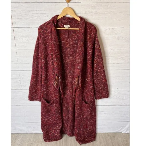 Lucky Brand Sweater Womens Size Small Red Marled Longline Open Cardigan Duster