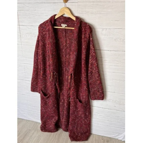 Lucky Brand Sweater Womens Size Small Red Marled Longline Open Cardigan Duster